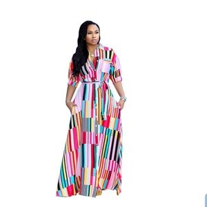 Long Multi Colored Striped Mid Sleeve Maxi Dress